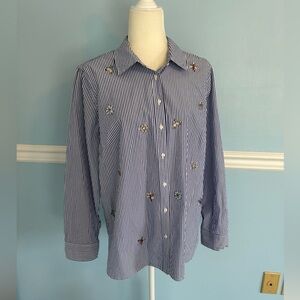 Talbots blouse button down shirt top woman size large jewels on front